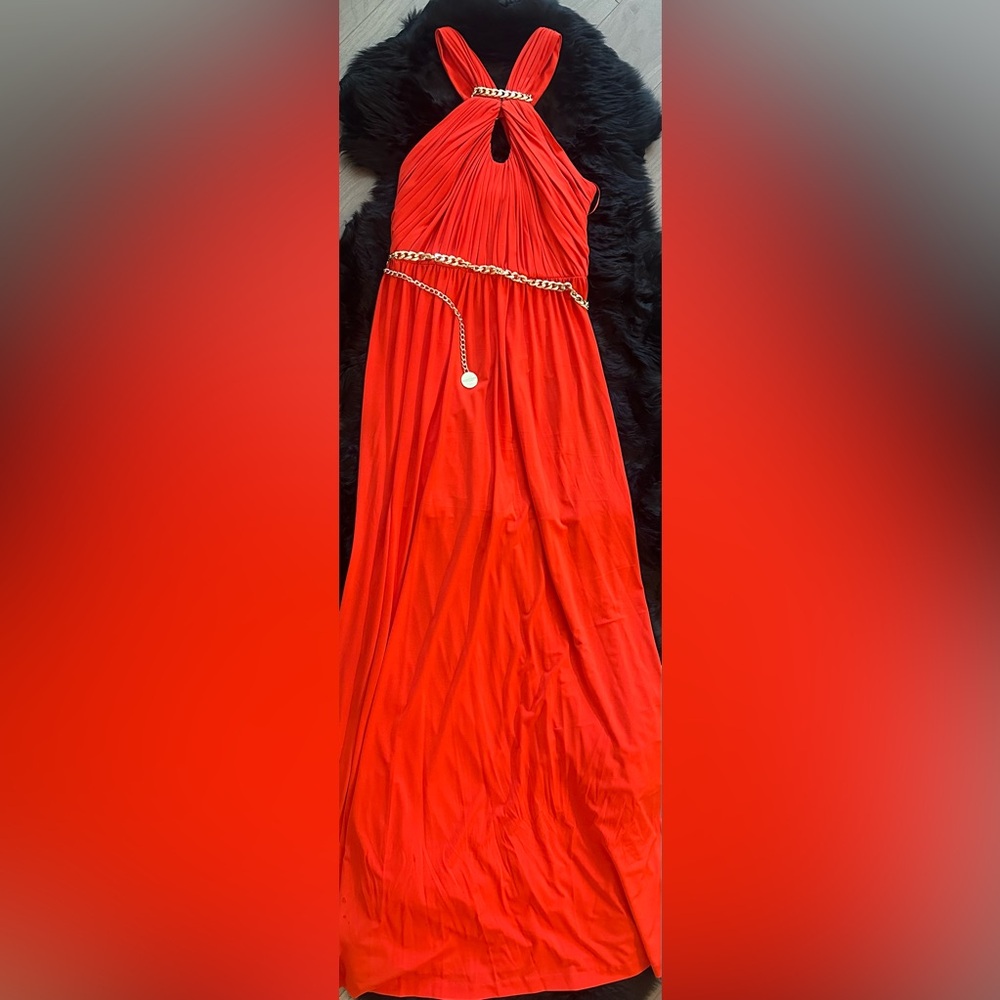 NWT Marciano Red Ruched golden chain Maxi dress